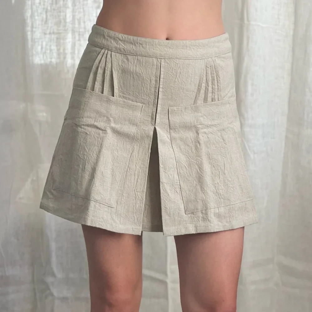 $275 Emma Rothkopf Linen Cotton Mini Pleated Tennis Skirt Large L Natural / Ecru
